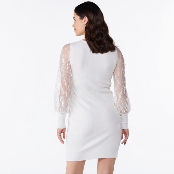 Cato Small White Knitted Dress with Long Mesh Sleeves and Dangly Sequins - Picture 3 of 9